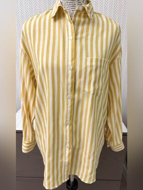 Women’s Blanque Yellow & White Striped Career Shirt Rayon Cotton Oversized XS